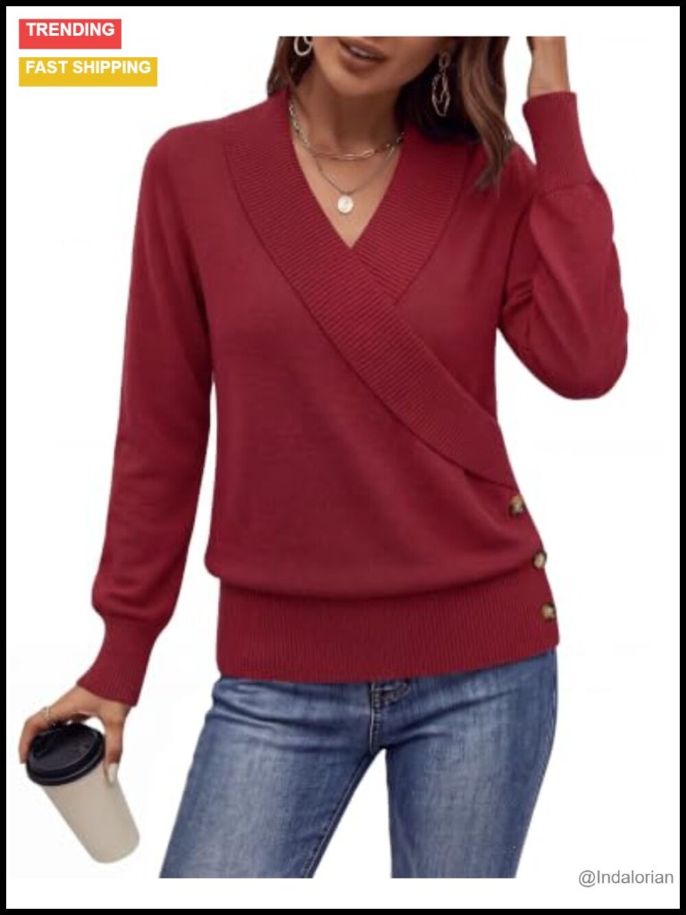 Women's V-Neck Long Sleeve Knit Pullover Sweater Ribbed Trim Office Casual